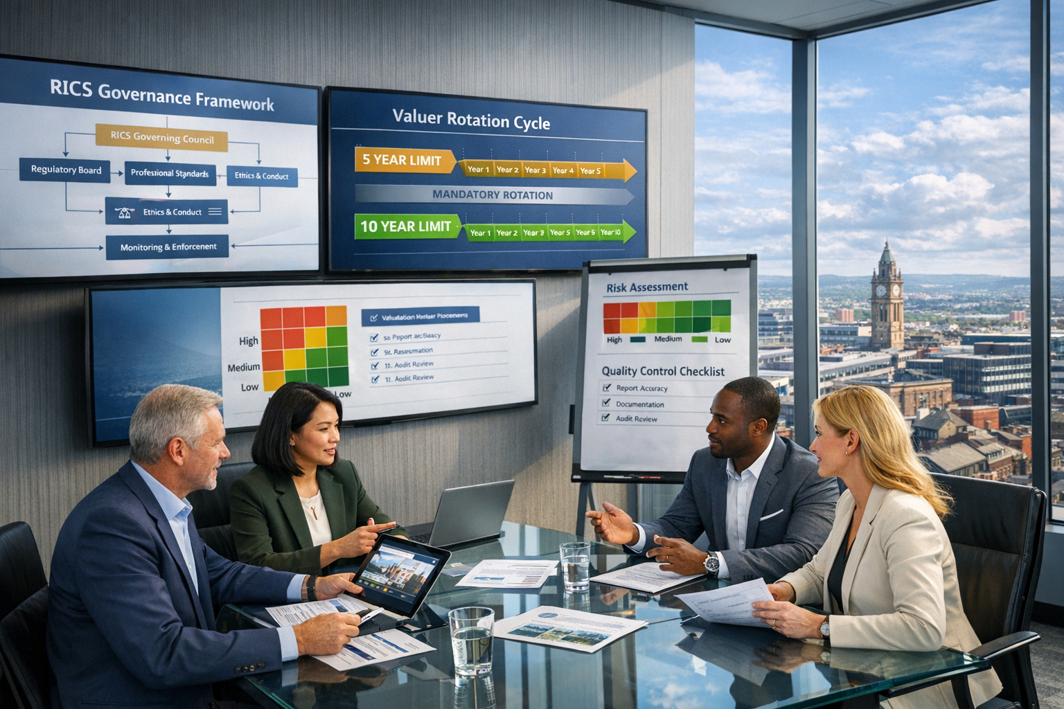 Striking () conceptual business image showing modern surveying office environment with large wall-mounted monitors