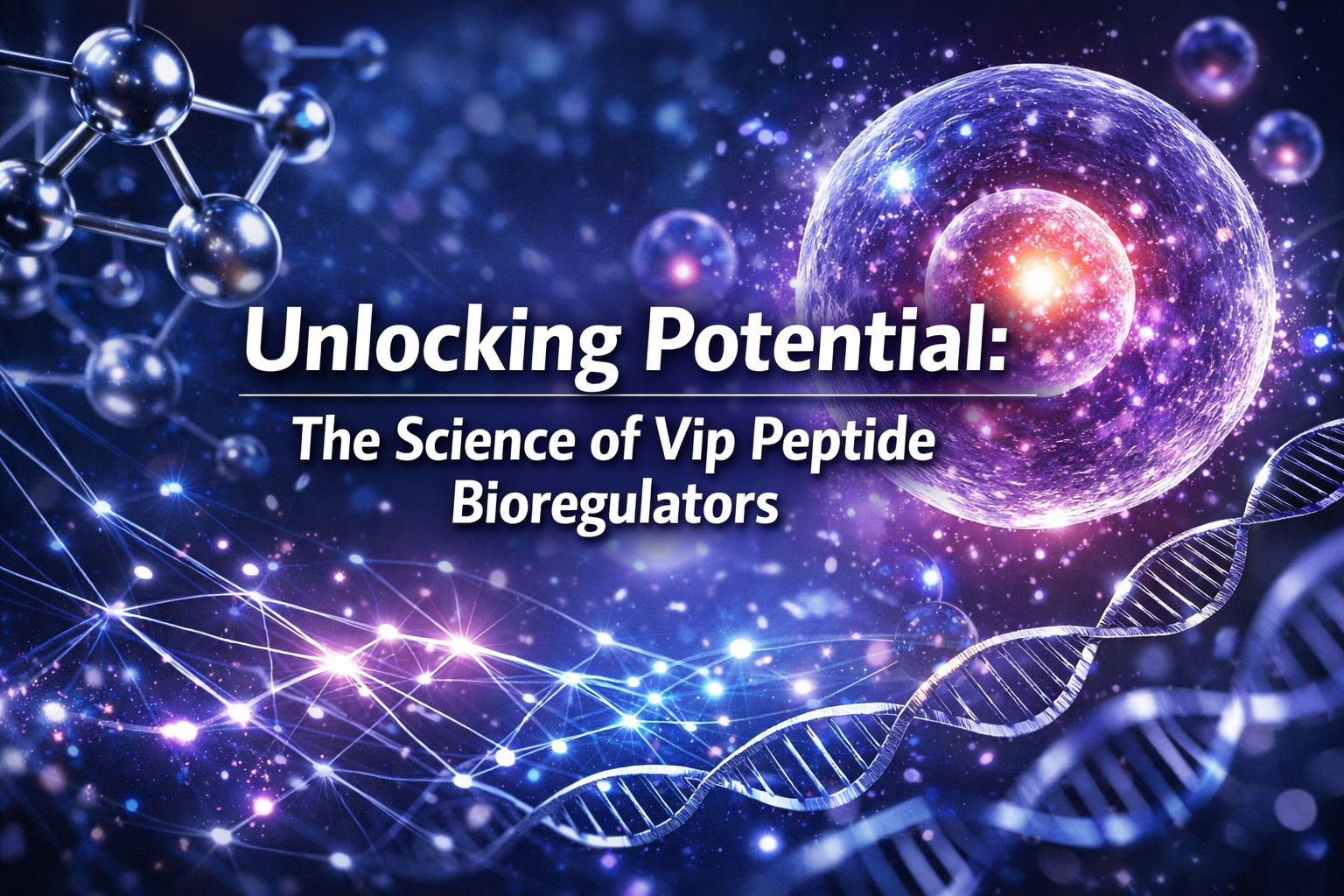 Professional landscape hero image (1536x1024) with bold text overlay: 'Unlocking Potential: The Science of Vip Peptide Bioregulators', moder