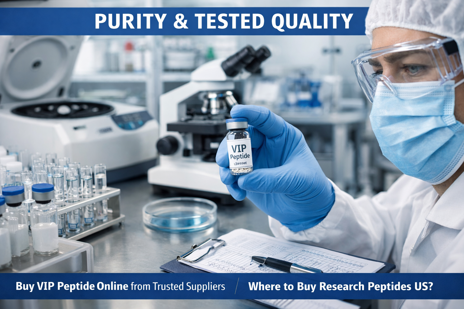 An image showcasing a clean, professional laboratory setting with various research equipment, such as centrifuges, microscopes, and sterile 