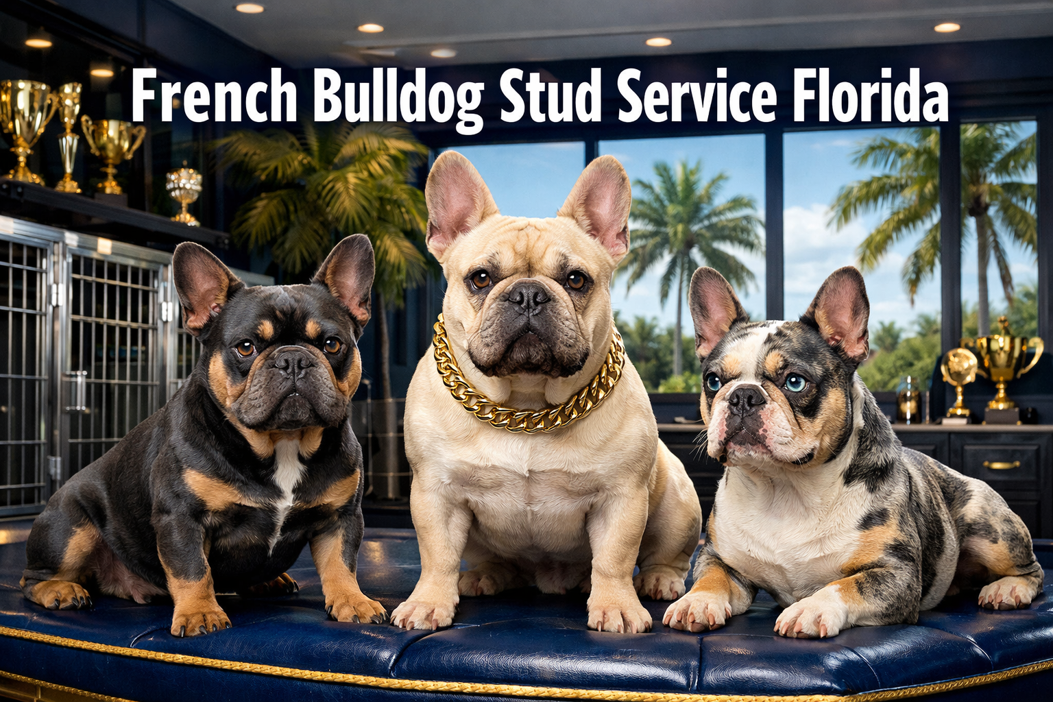 Professional landscape format (1536x1024) hero image featuring bold text overlay 'French Bulldog Stud Service Florida' in extra large 72pt w