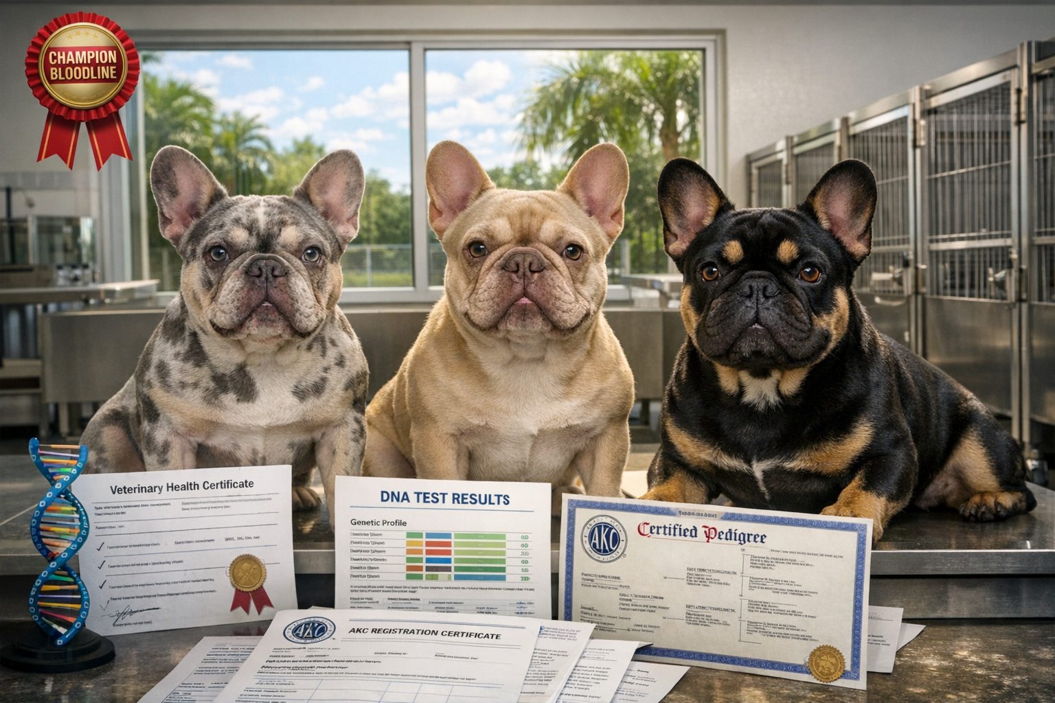 Detailed landscape format (1536x1024) image showing premium French bulldog stud dogs in professional breeding facility with health certifica