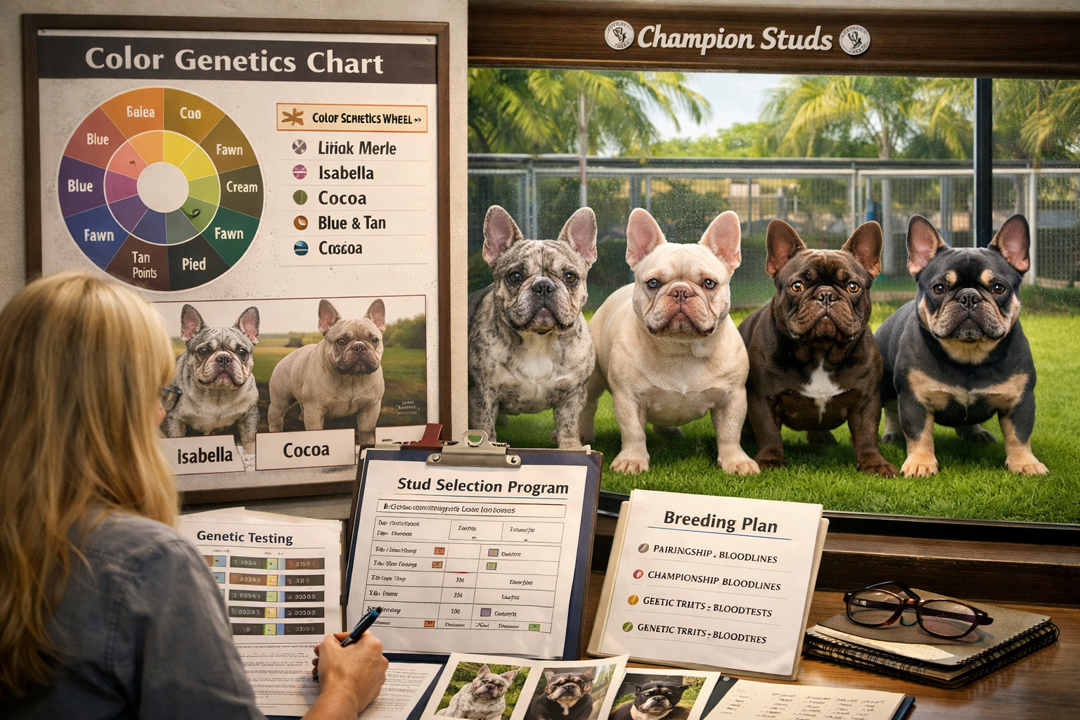 Professional landscape format (1536x1024) image depicting French bulldog stud selection process with breeder consulting charts showing diffe