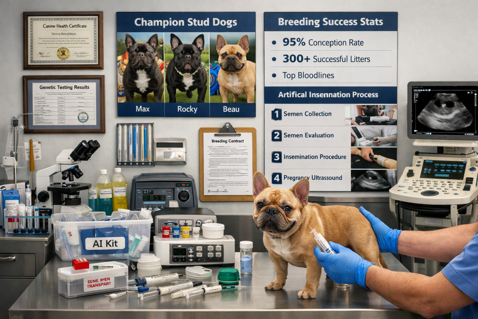Detailed landscape format (1536x1024) image showing French bulldog stud service process with artificial insemination equipment, veterinary e