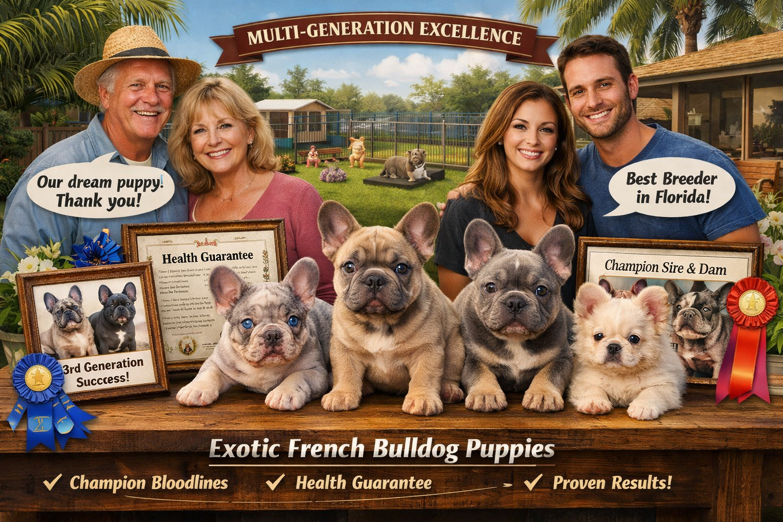 Professional landscape format (1536x1024) image featuring successful French bulldog breeding outcomes with healthy puppies, satisfied breede