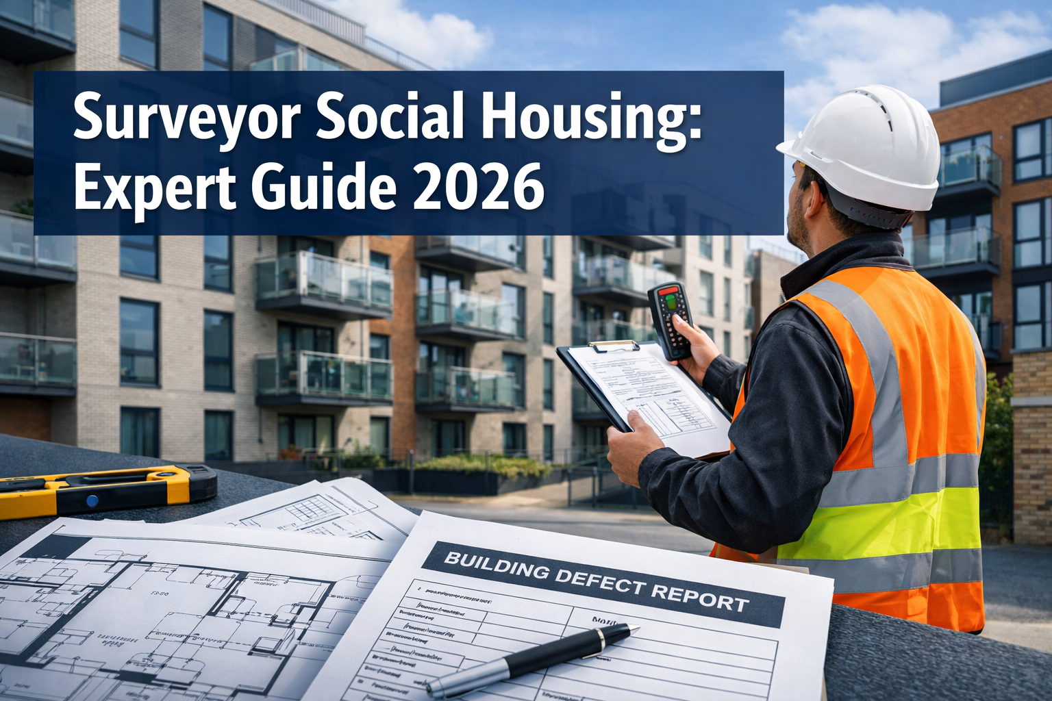 Professional landscape hero image (1536x1024) featuring bold text overlay 'Surveyor Social Housing: Expert Guide 2026' in extra large 72pt w