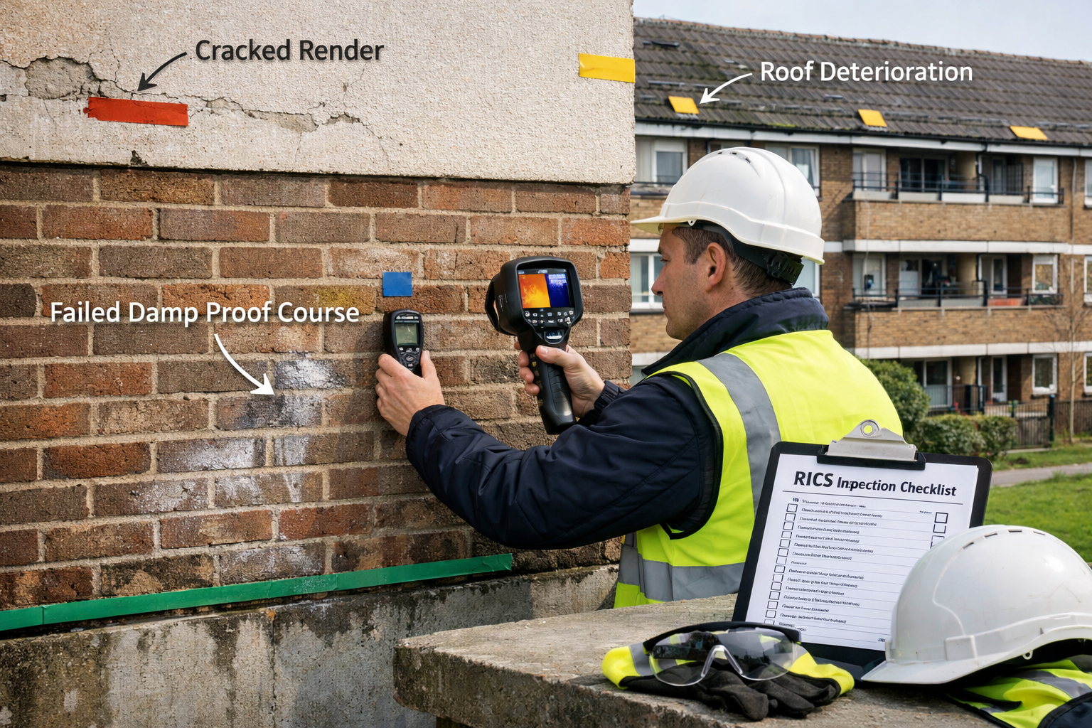 Detailed landscape editorial image (1536x1024) showing professional building surveyor conducting comprehensive inspection of social housing 