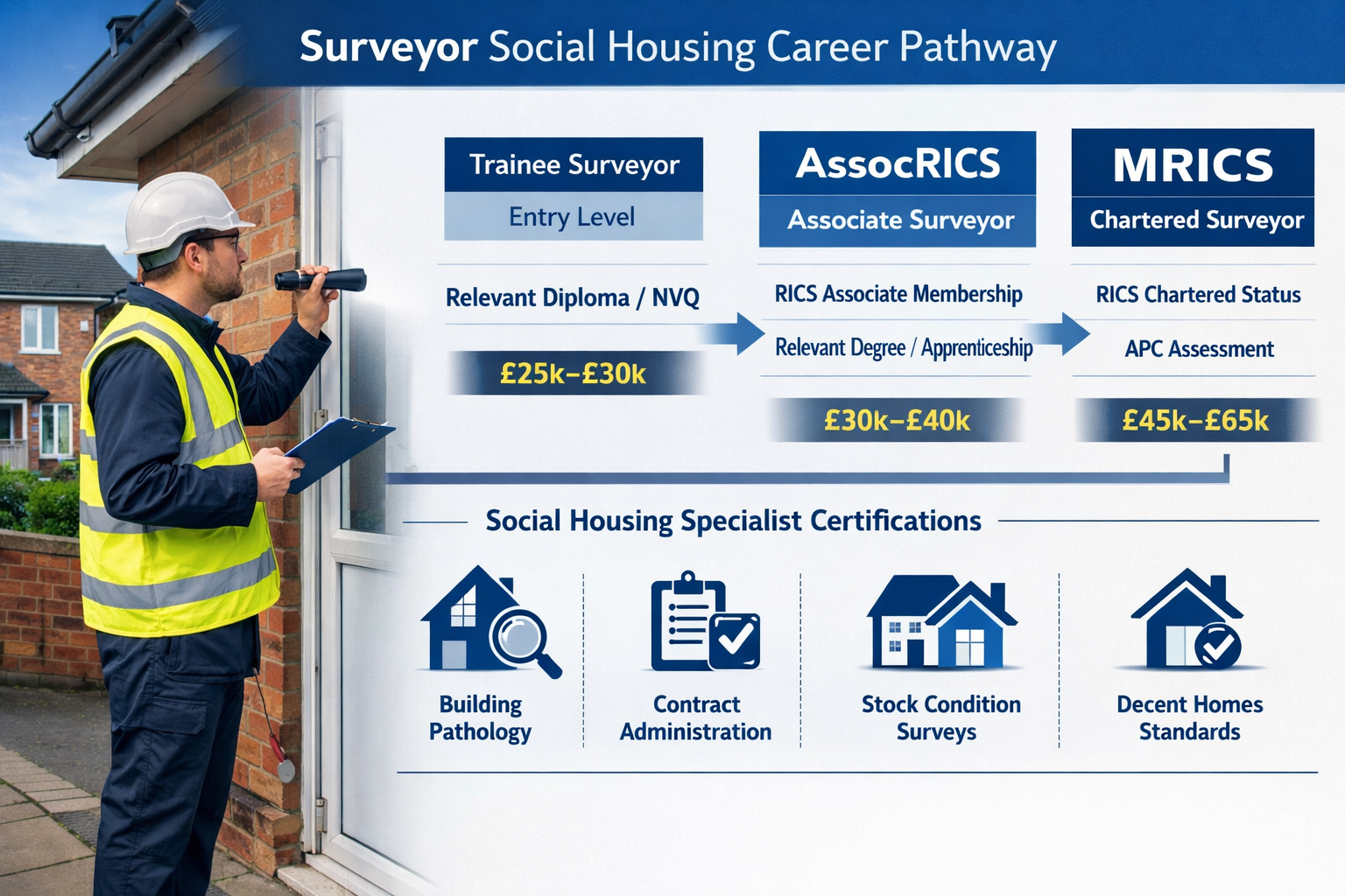 Comprehensive landscape infographic (1536x1024) illustrating surveyor social housing career pathway and qualifications timeline. Visual flow