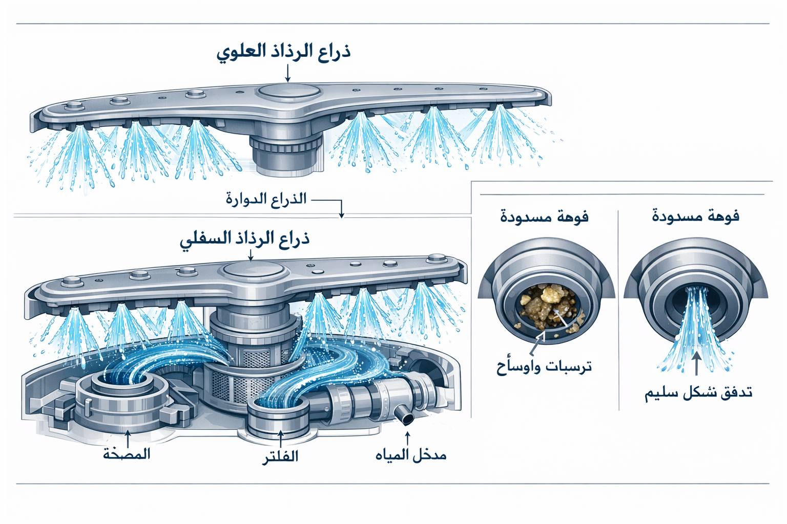 Detailed () technical illustration showing close-up cross-section of Ariston dishwasher spray arm mechanism with Arabic