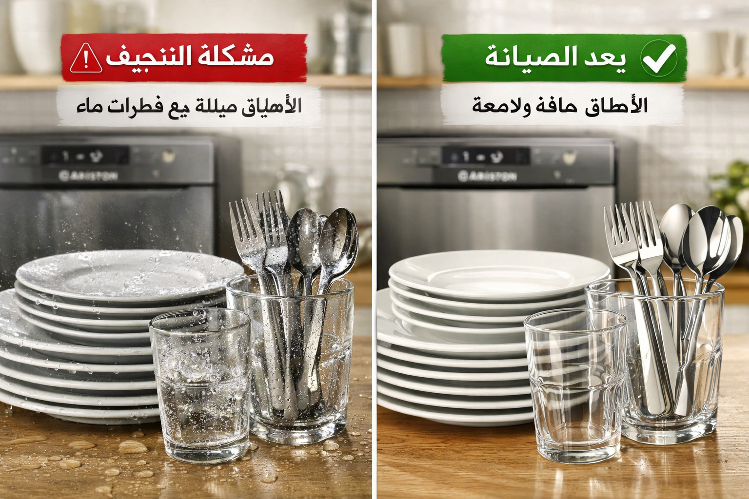 Detailed () showing split-screen comparison: left side shows wet dishes with water droplets remaining (عطل التجفيف) with red