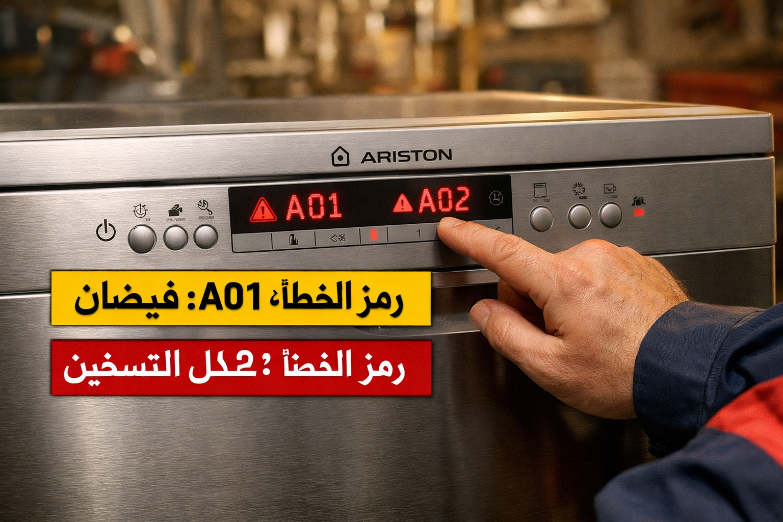 Detailed () showing Ariston dishwasher control panel close-up with error codes A01 and A02 displayed on digital screen,