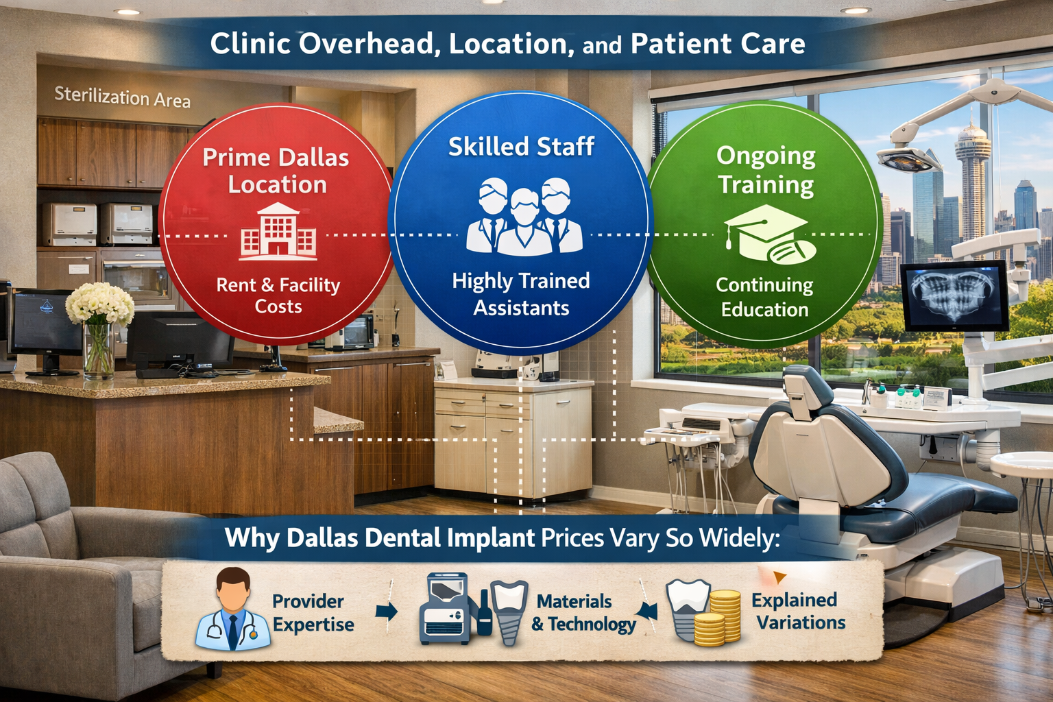 Detailed landscape format (1536x1024) image representing 'Clinic Overhead, Location, and Patient Care'. This visual should depict a modern,