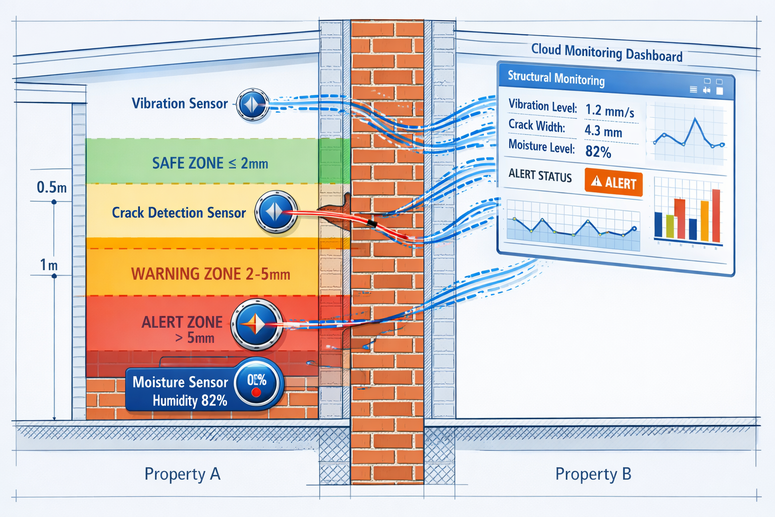 () detailed cutaway technical illustration showing cross-section of a brick party wall between two properties with multiple