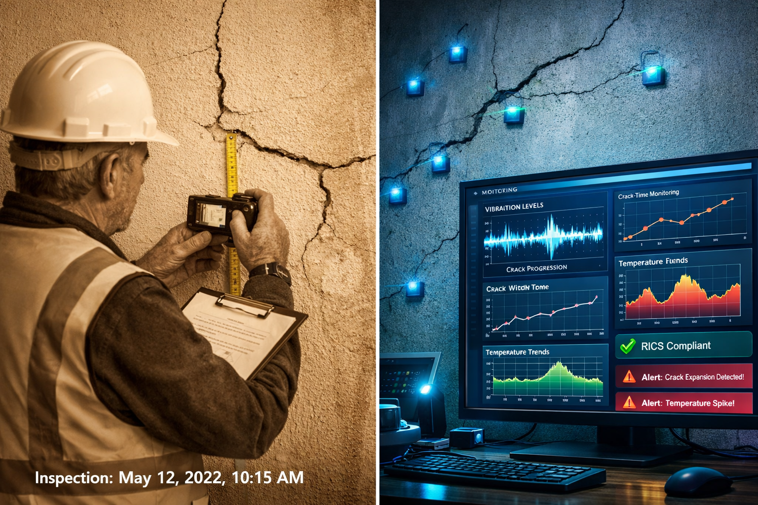 () split-screen composition showing before-and-after party wall dispute documentation. Left side: traditional manual