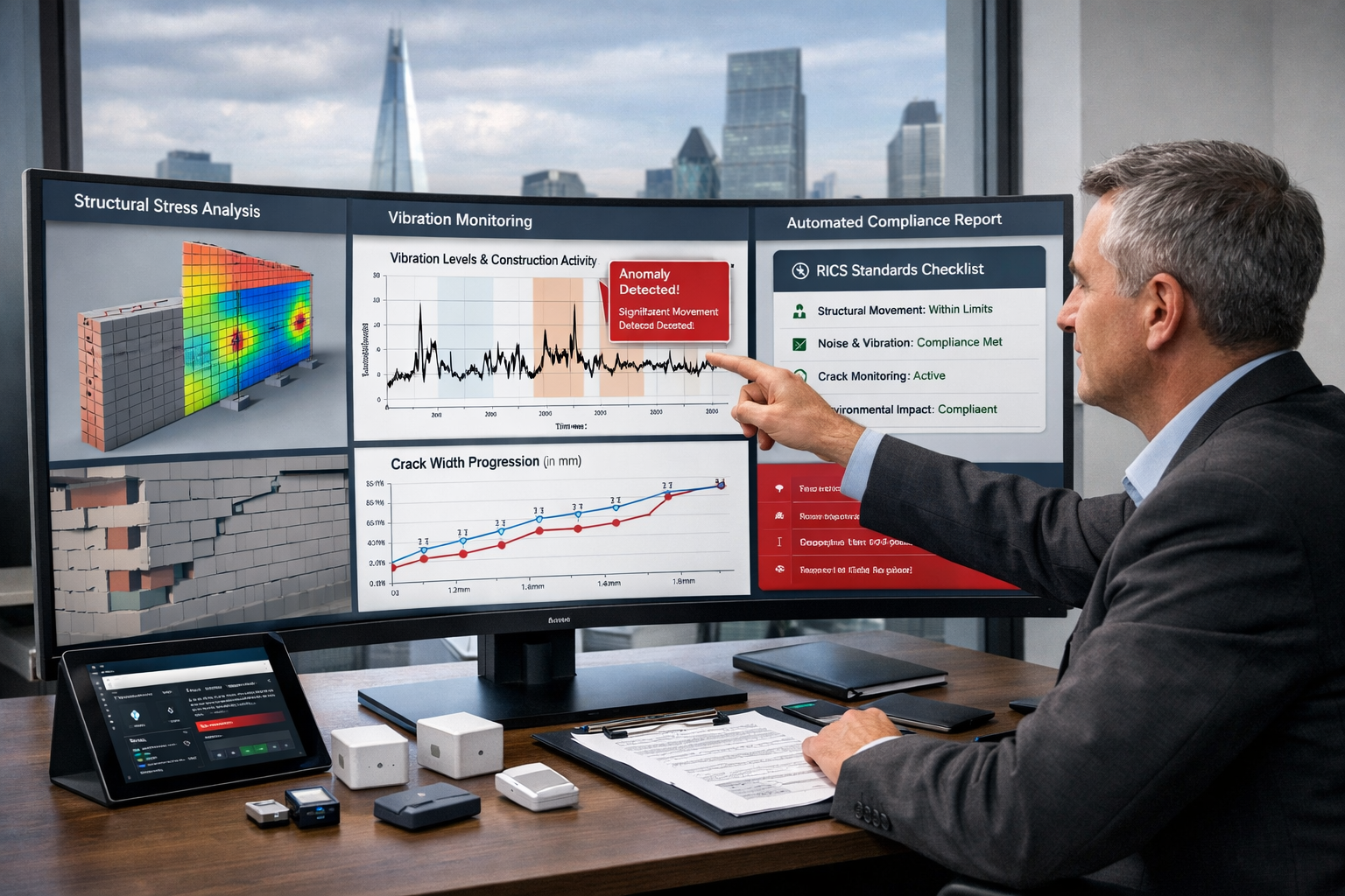 () professional scene of party wall surveyor in modern office reviewing comprehensive sensor data report on large curved