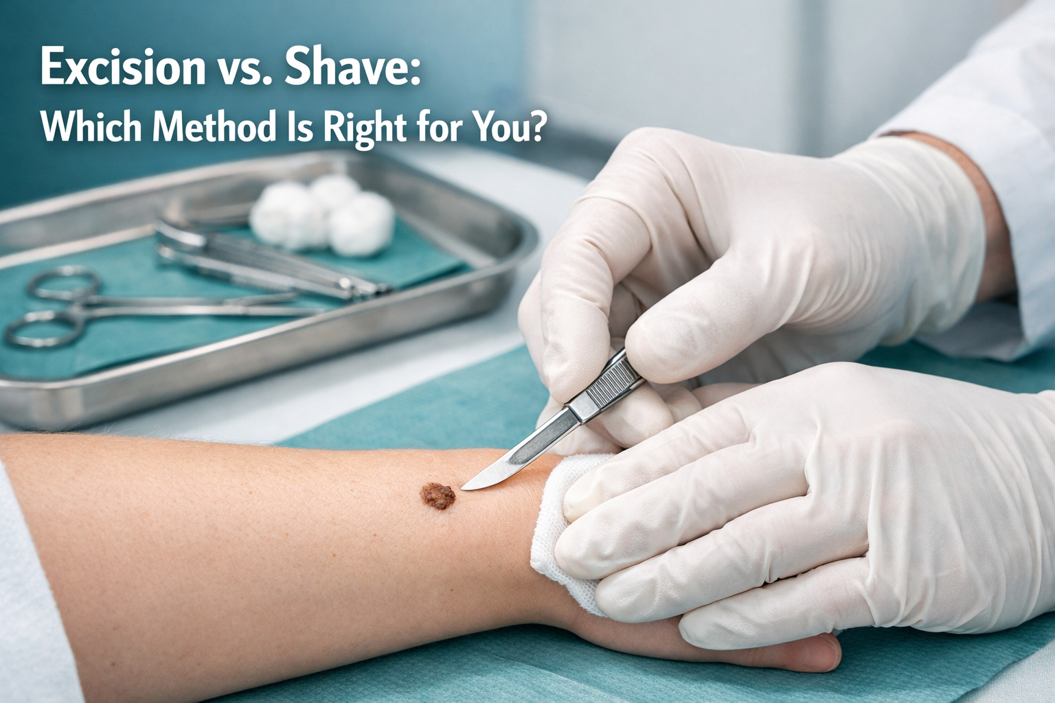 () editorial illustration showing a close-up of a dermatologist's gloved hands using a scalpel for surgical excision of a