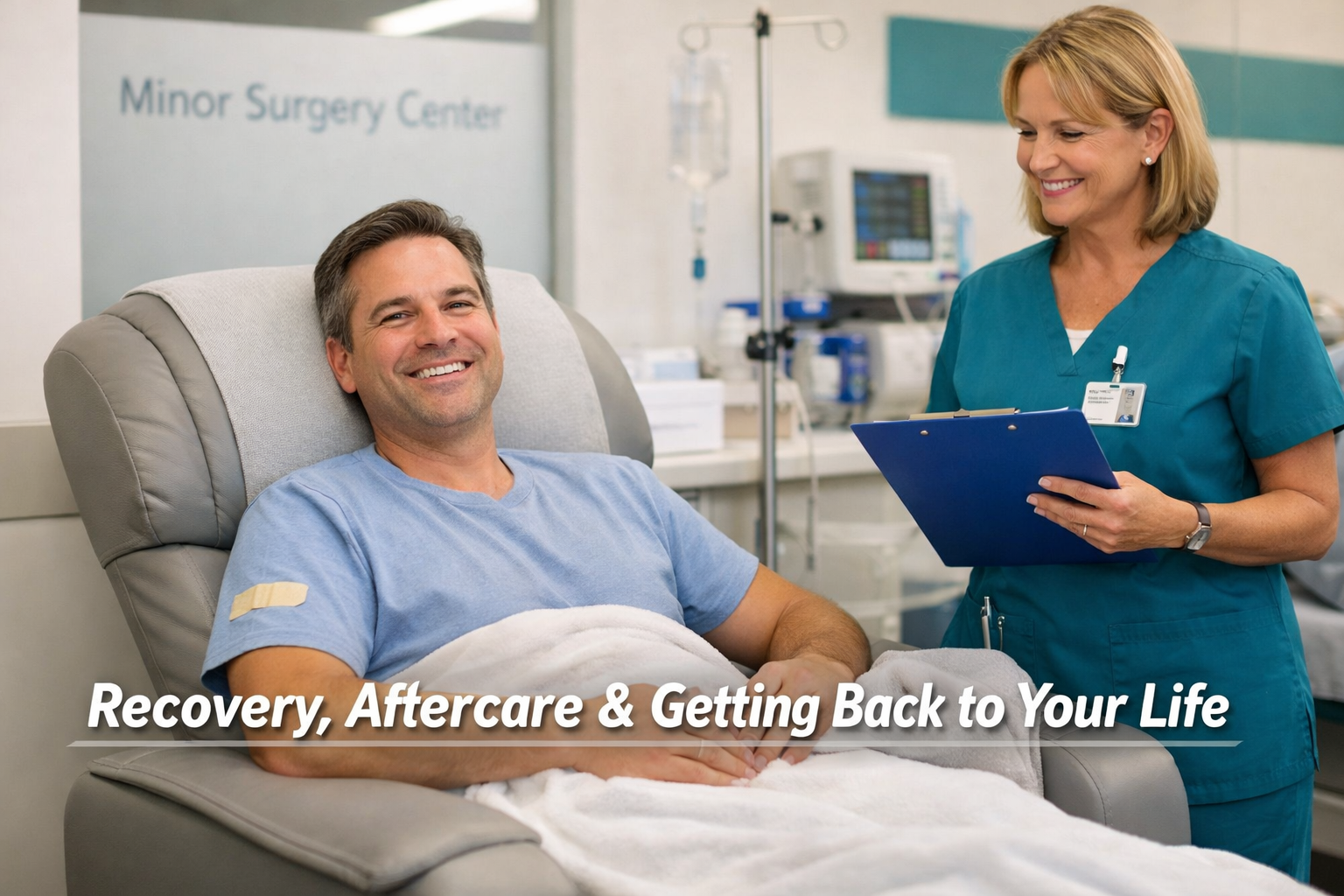 () editorial photo of a patient in a modern outpatient clinic recovery area, relaxed and smiling, with a small bandage on