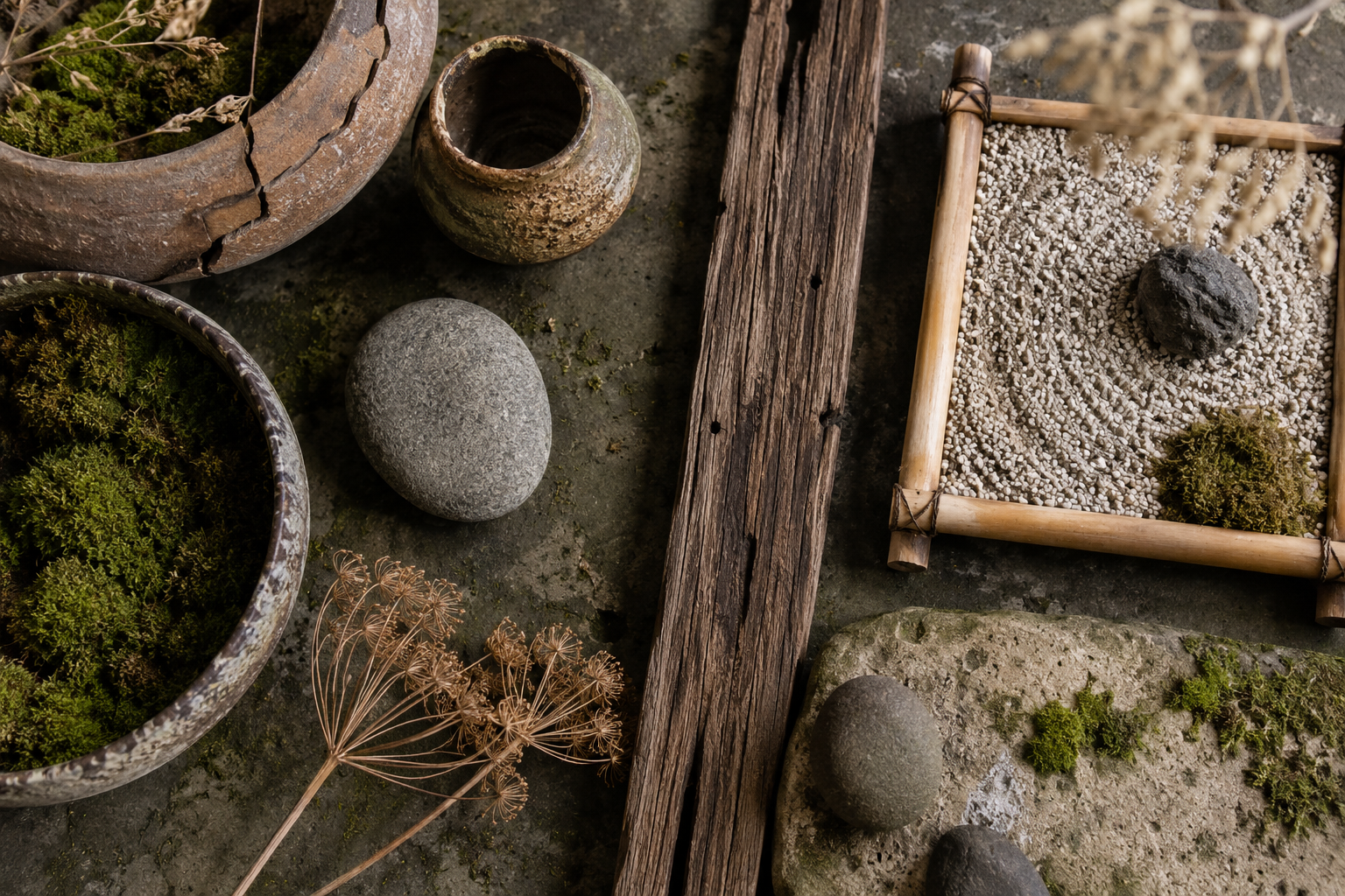() editorial illustration showing a close-up overhead flat-lay of wabi-sabi balcony garden elements: cracked clay pots with