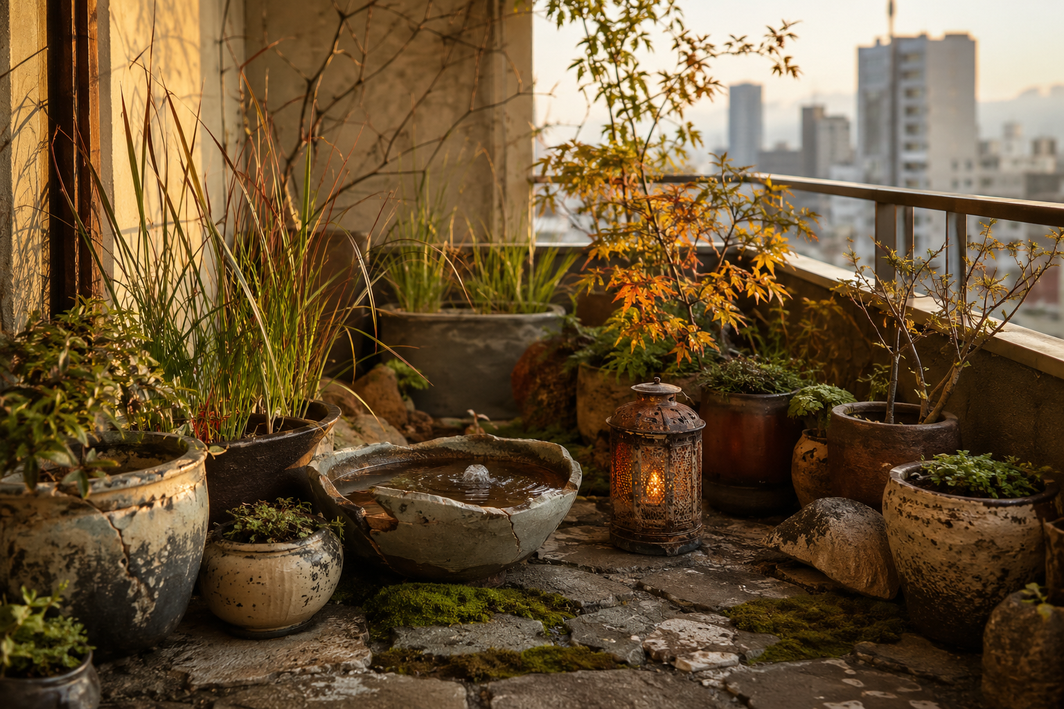 () editorial photo showing a compact urban apartment balcony transformed with wabi-sabi design: mismatched aged ceramic