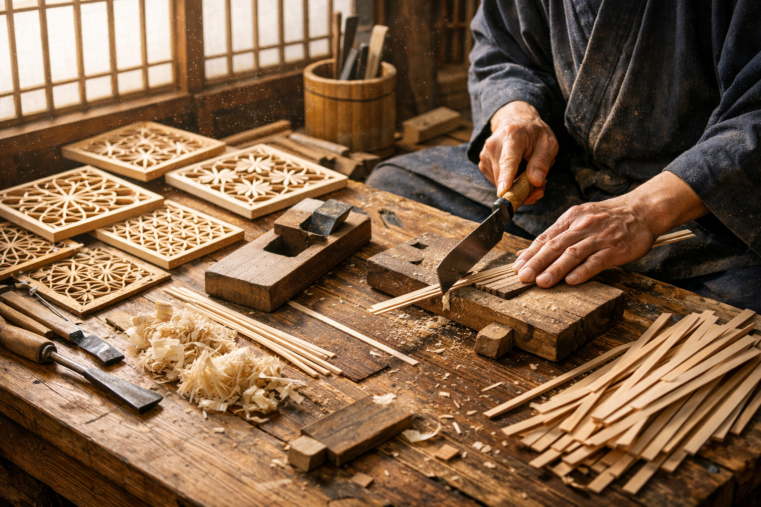 A detailed () image showcasing a historical Japanese workshop scene from the Edo period, with an artisan meticulously