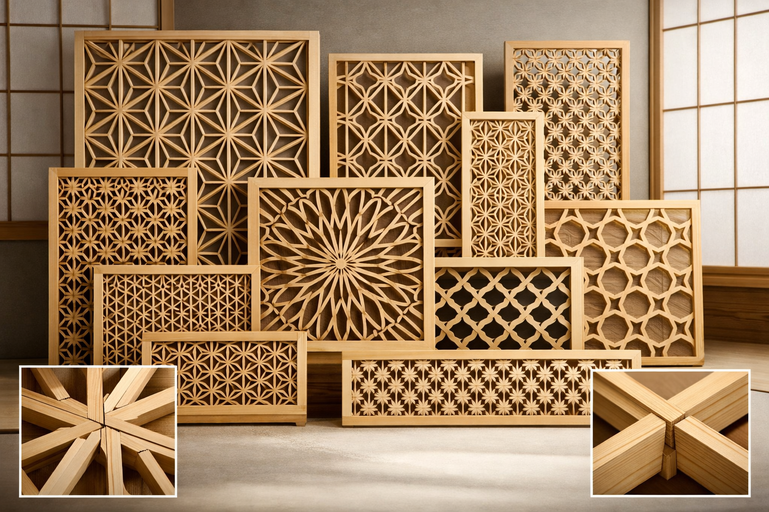 A visually striking () image presenting a diverse collection of finished Kumiko decorative panels, arranged artfully to