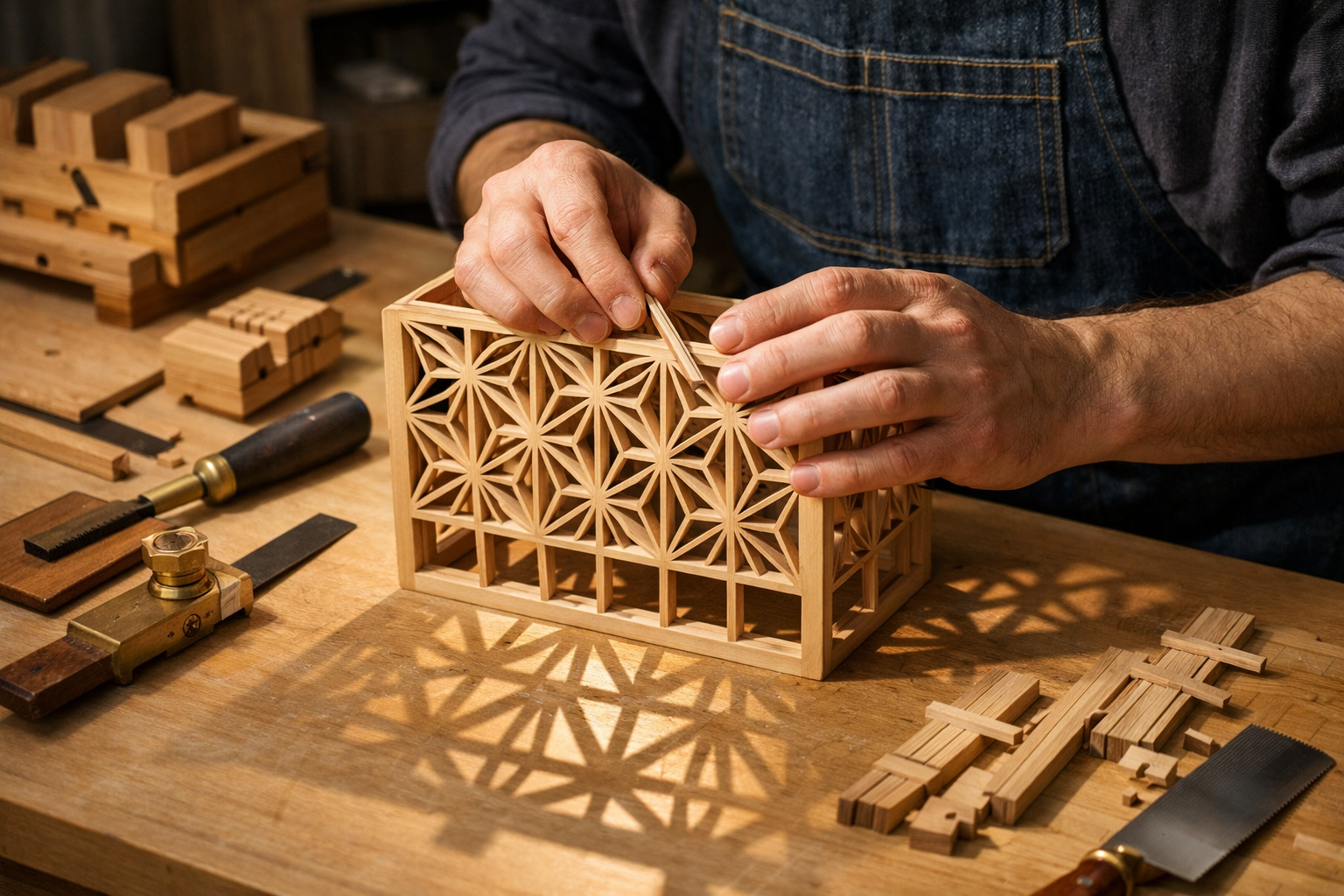 A contemporary woodworking studio scene, depicted in (), where a skilled craftsperson is meticulously performing the final