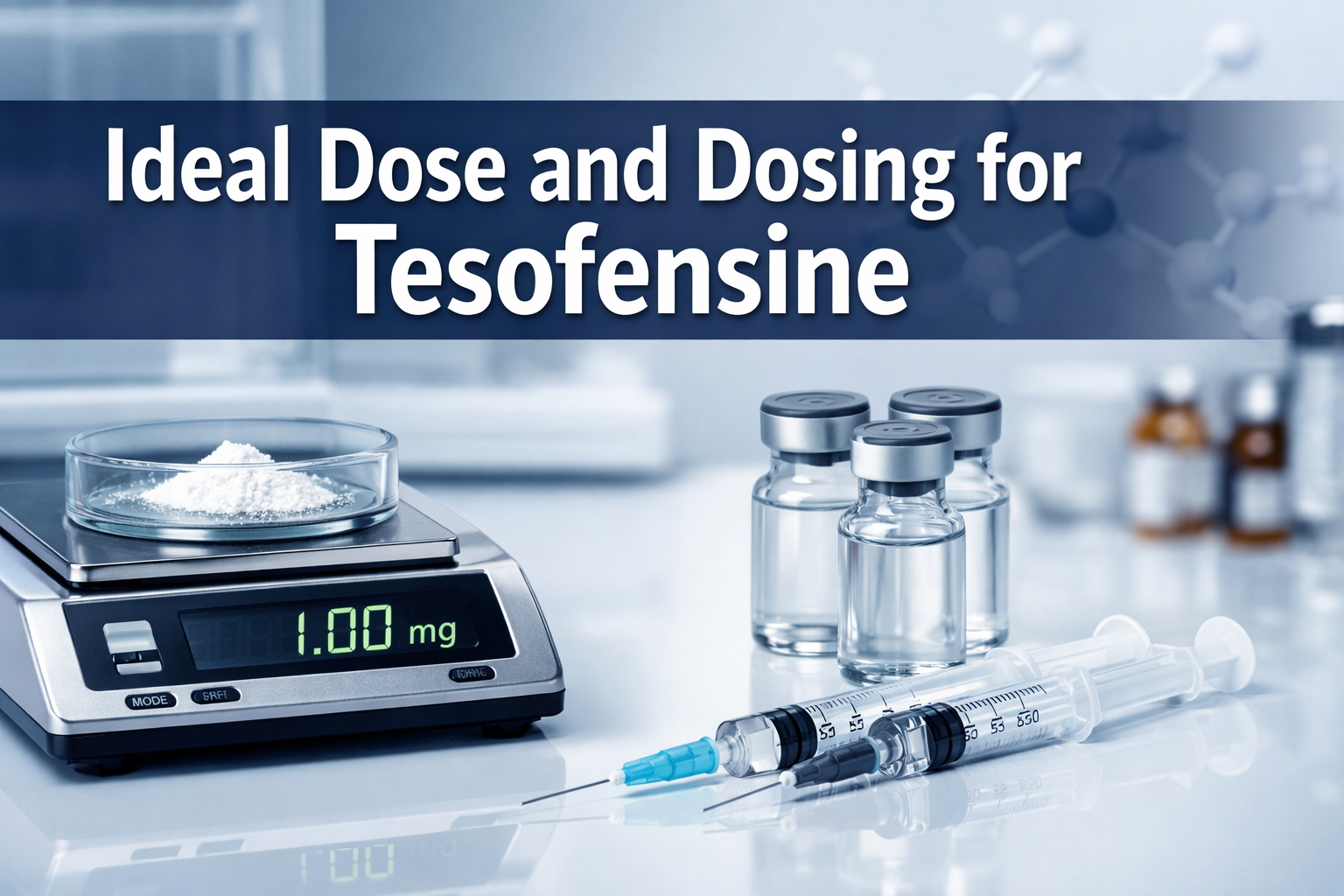 Professional landscape hero image (1536x1024) featuring bold text overlay 'Ideal Dose and Dosing for Tesofensine' in extra large 72pt white 