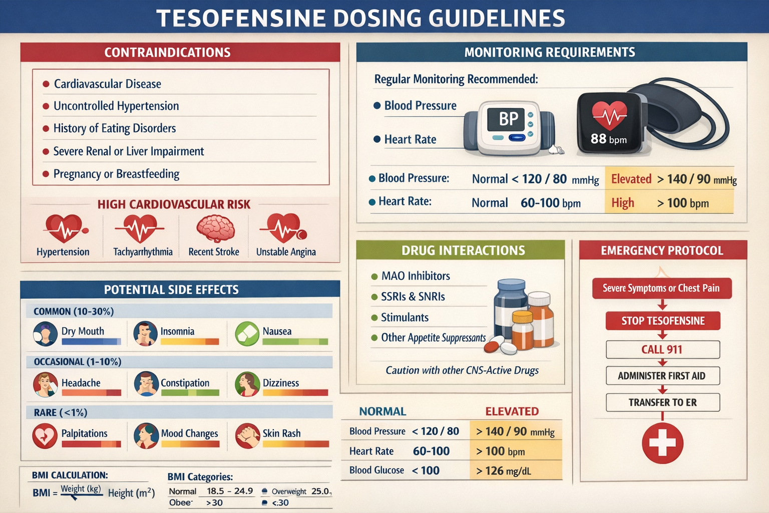 Detailed landscape safety reference table (1536x1024) featuring tesofensine dosing guidelines with four-quadrant layout: top-left showing co