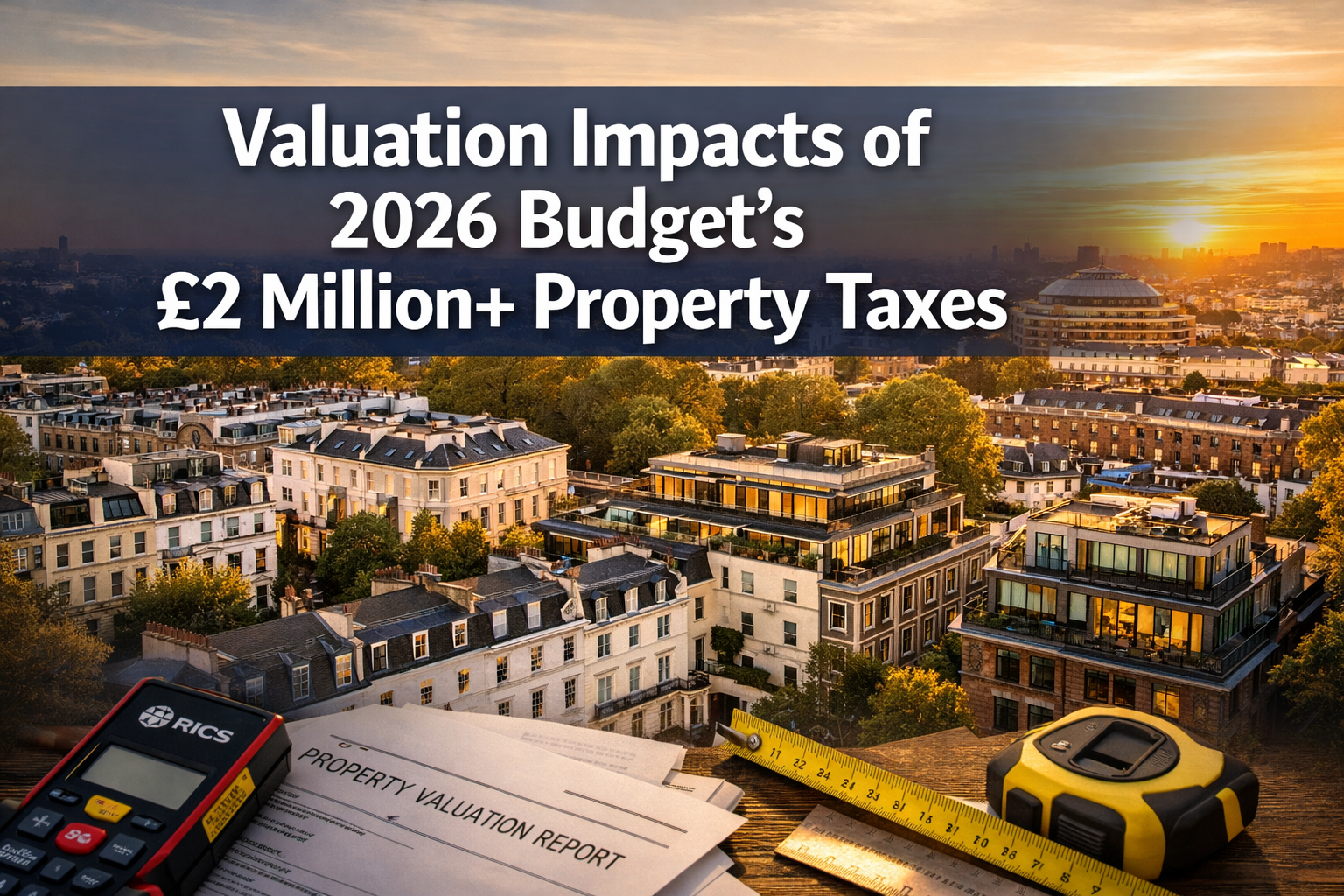 Professional () hero image featuring 'Valuation Impacts of 2026 Budget's £2 Million+ Property Taxes' in extra large white