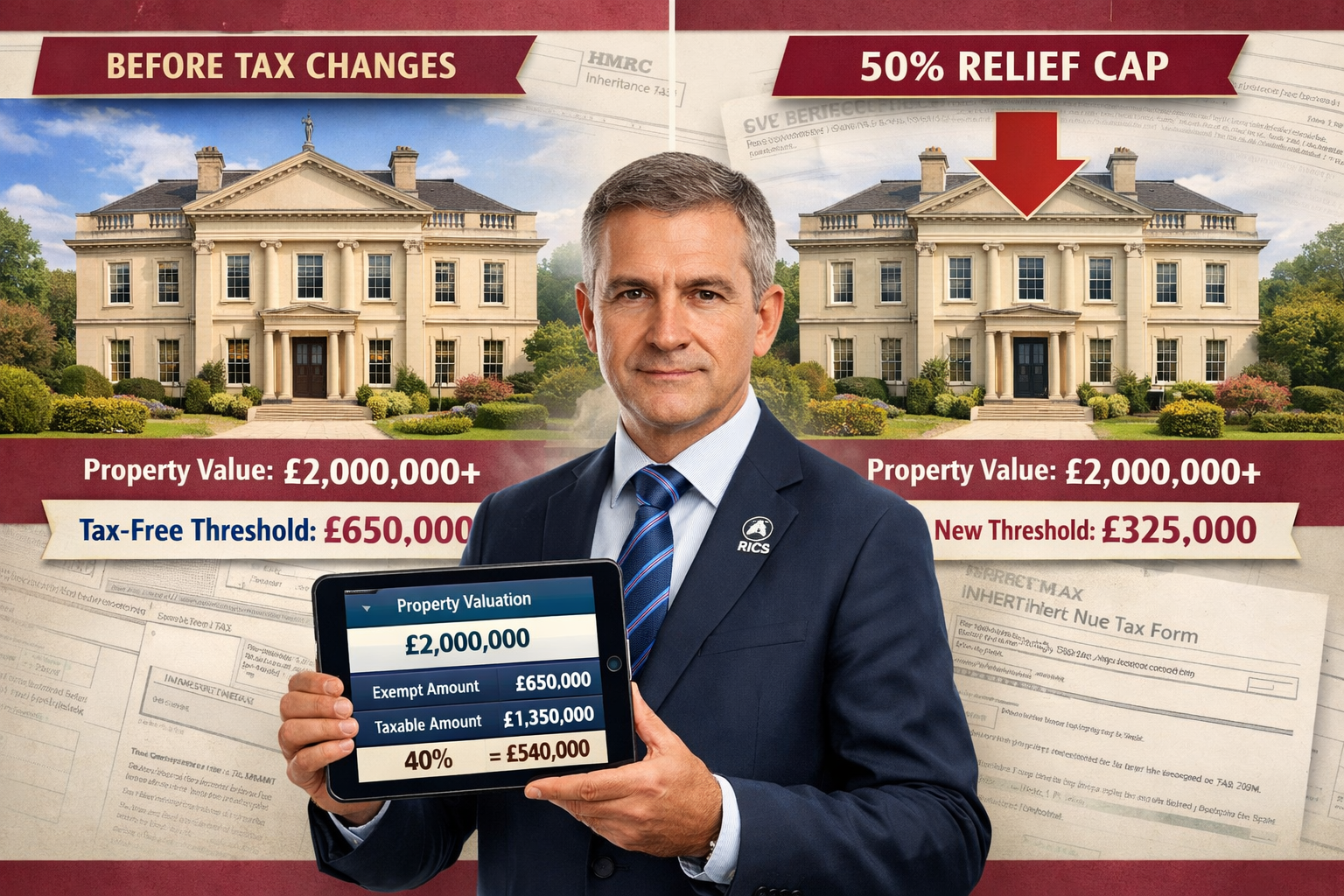 Detailed () image showing split-screen comparison: left side displays elegant Georgian mansion valued above £2 million with