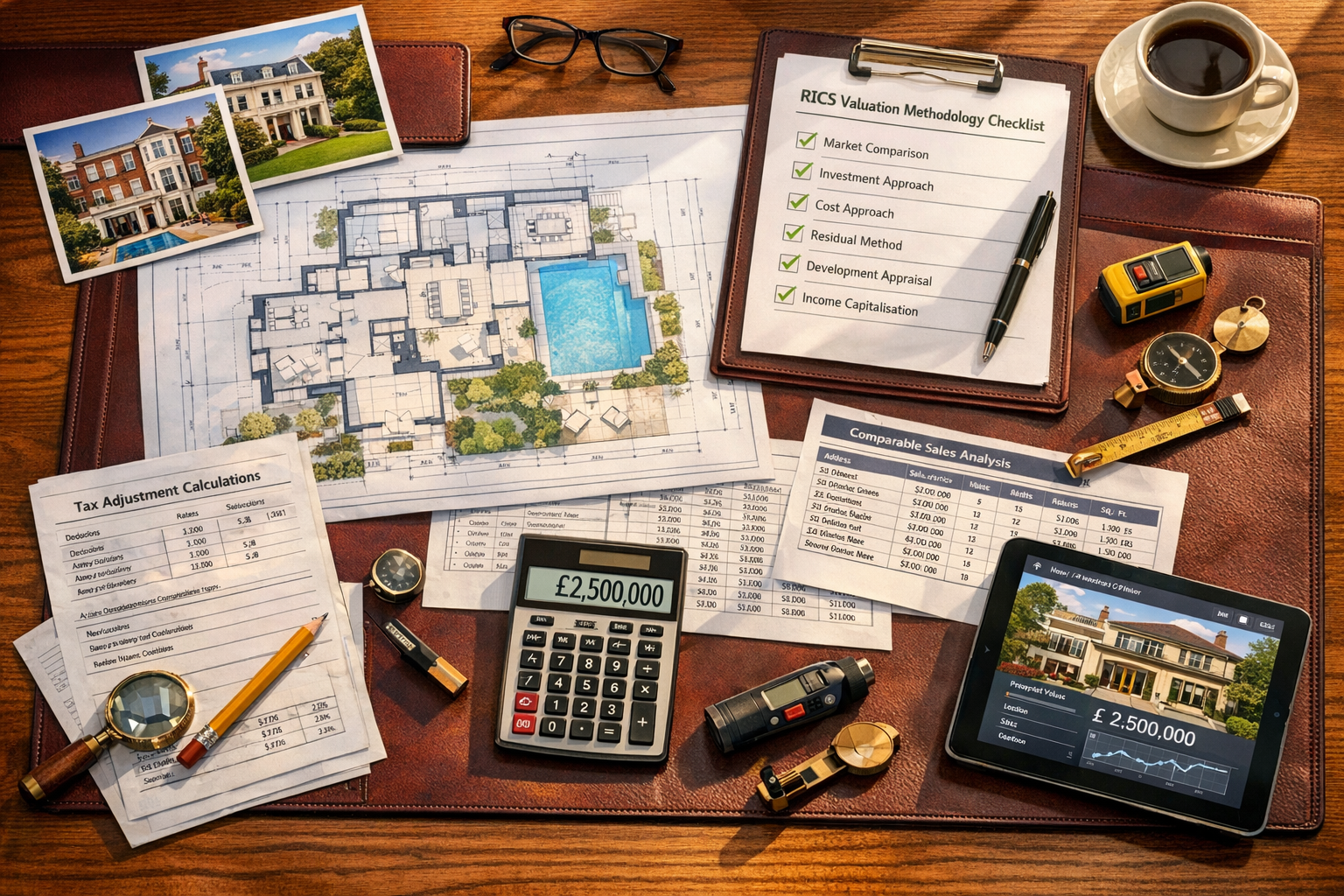 Detailed () image depicting professional surveyor's desk workspace from overhead angle, featuring large architectural