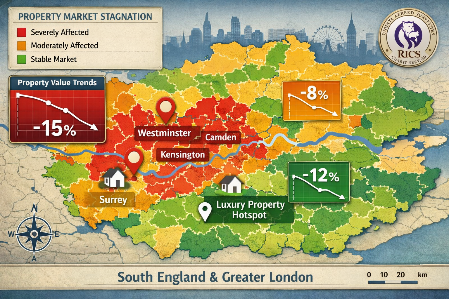 Detailed () image showing interactive map of South England and Greater London with color-coded zones indicating property