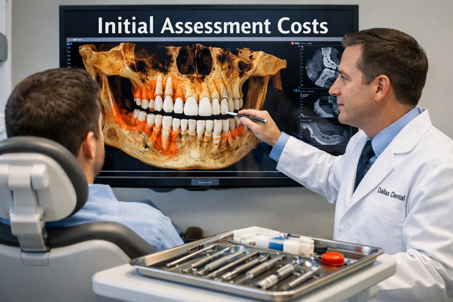 Detailed () image focusing on the diagnostic phase of dental implants. A patient is seated in a modern dental chair, looking