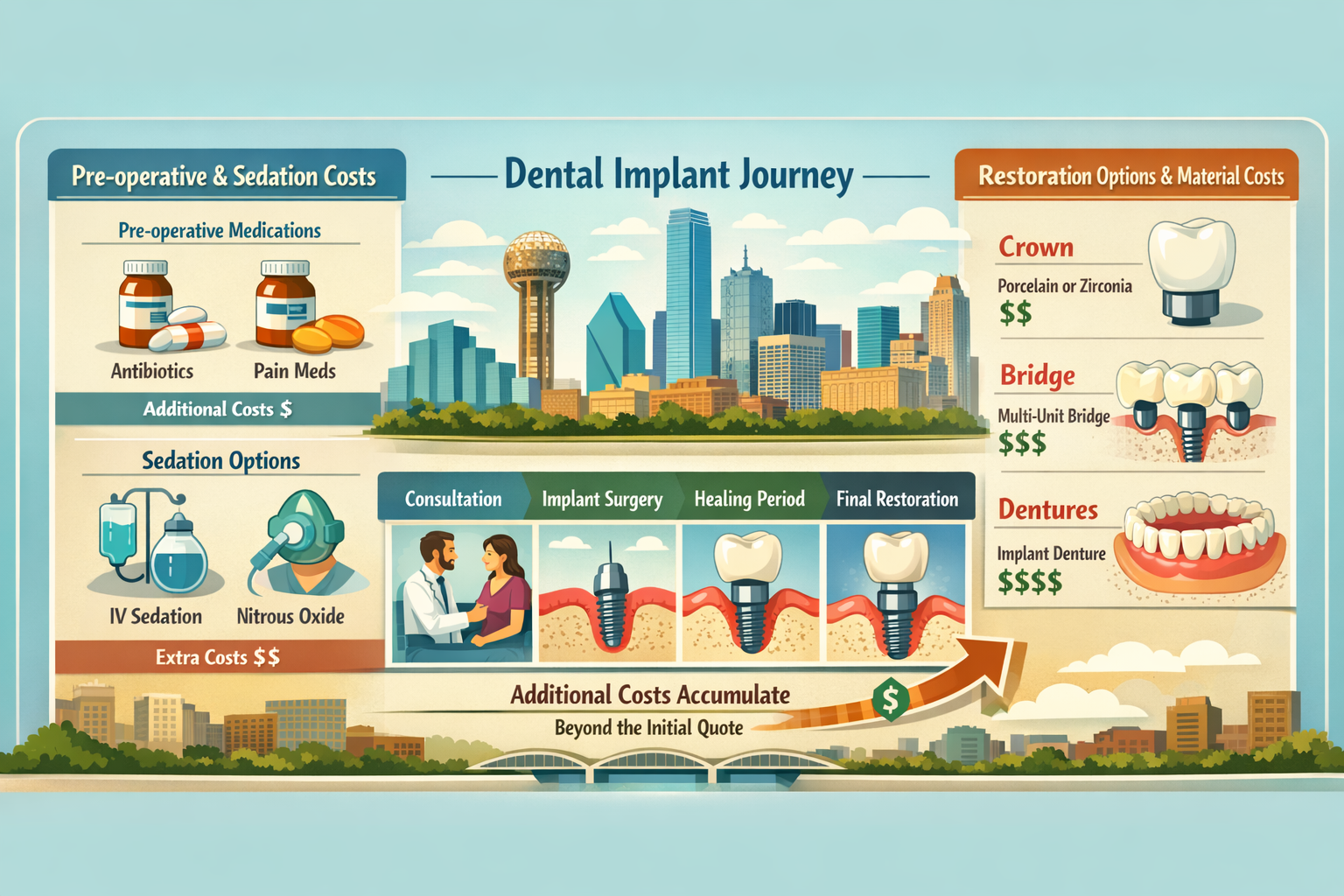 A compelling () image depicting the various stages of a dental implant procedure, presented as a clear, easy-to-understand