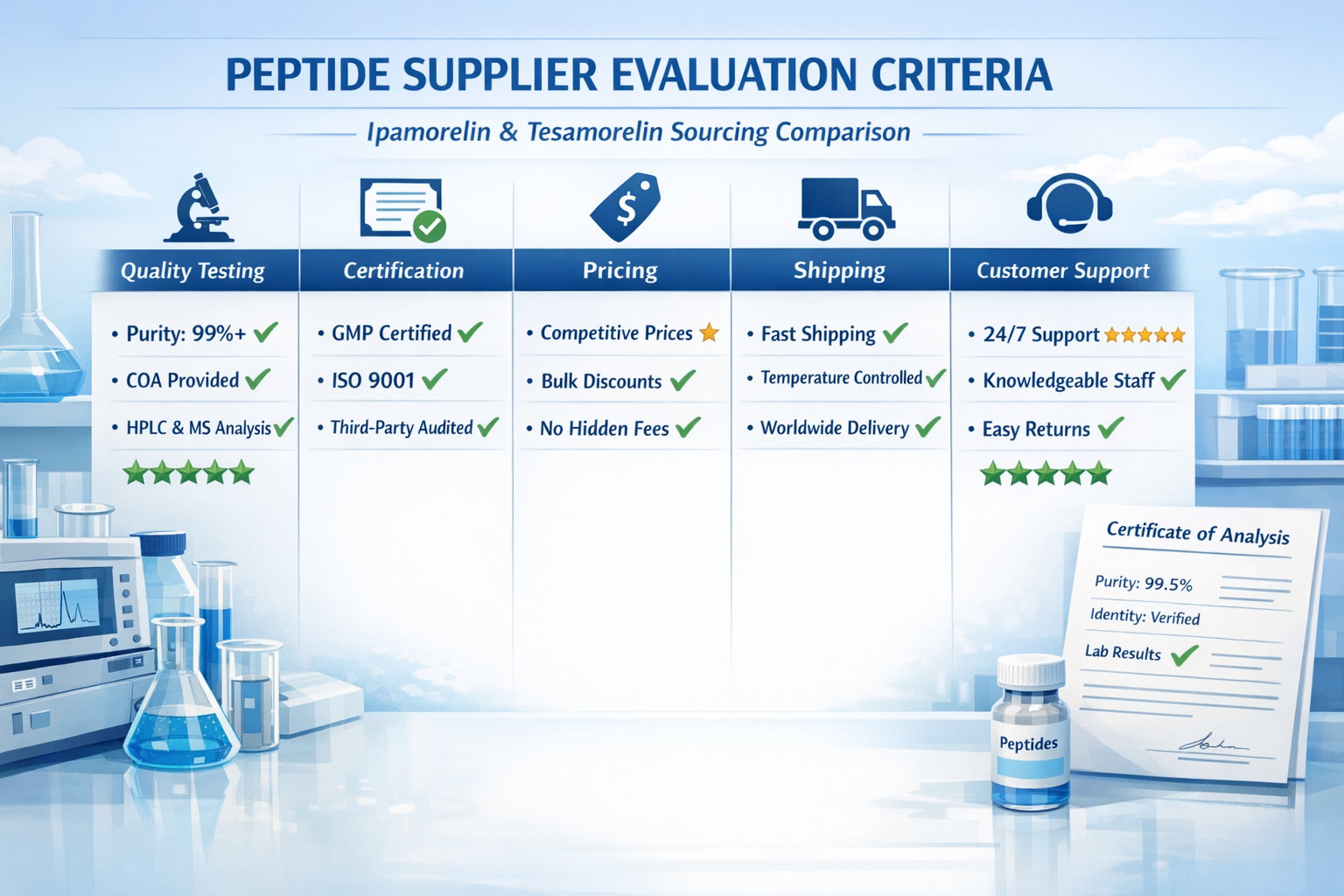 Detailed landscape infographic (1536x1024) showing comparison chart of peptide supplier evaluation criteria with five columns labeled Qualit