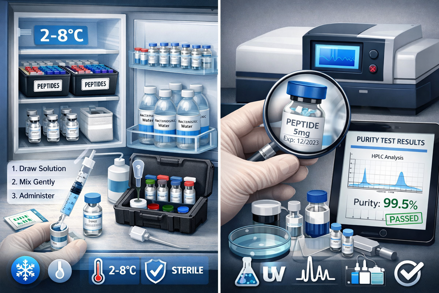Detailed landscape composition (1536x1024) illustrating proper peptide storage and handling procedures with split-screen design. Left side s