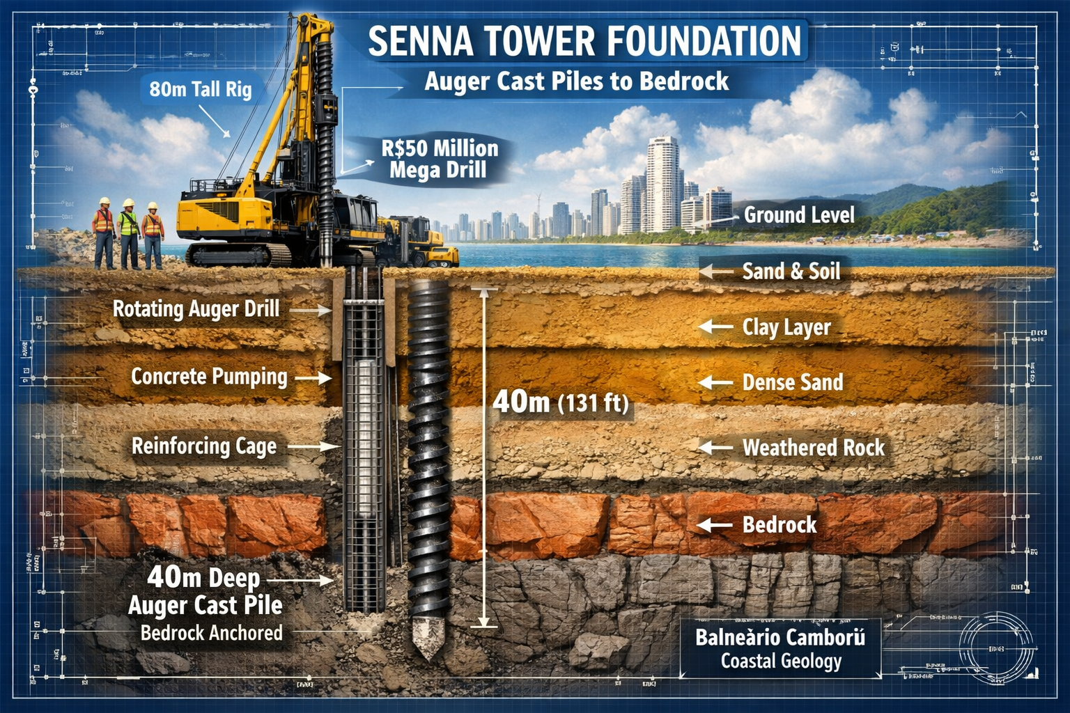 Architectural engineering close-up illustration of Senna Tower foundation cross-section diagram showing Auger Caster piles