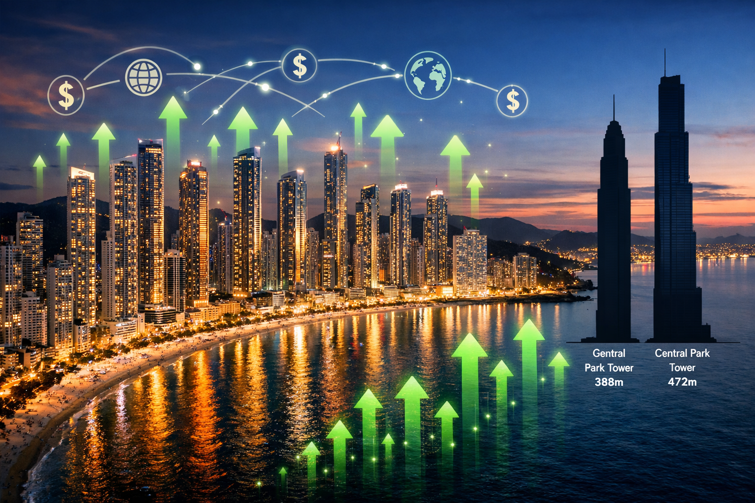 Aerial bird's-eye view of Balneário Camboriú skyline at twilight showing a cluster of illuminated luxury supertall