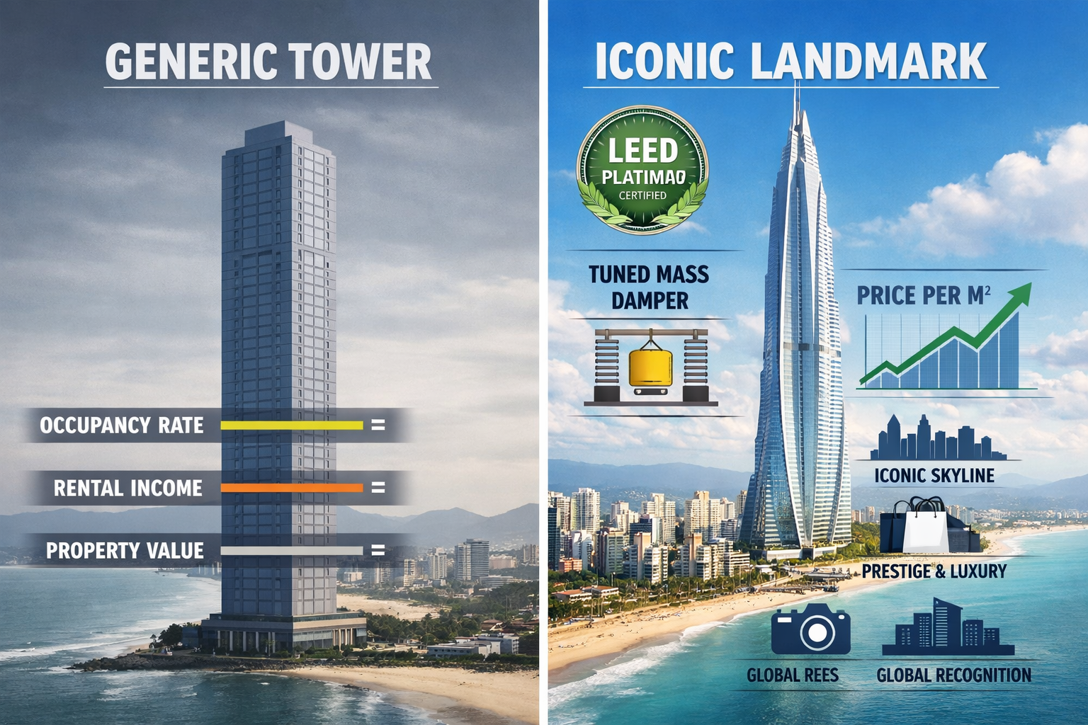 Split-composition infographic image contrasting two high-rise development scenarios side by side: left panel shows a generic