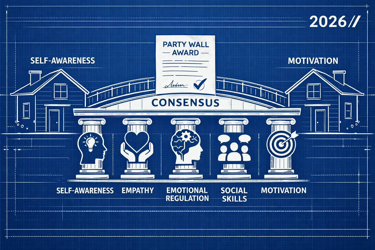 Detailed () infographic-style image showing five labeled EQ competency pillars as architectural columns supporting a bridge