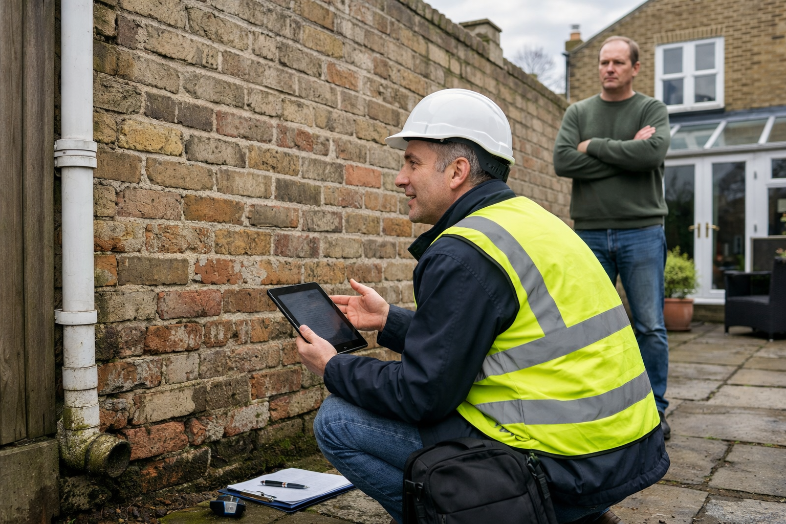 Detailed () wide-angle scene depicting a professional party wall surveyor conducting a schedule of condition survey at the