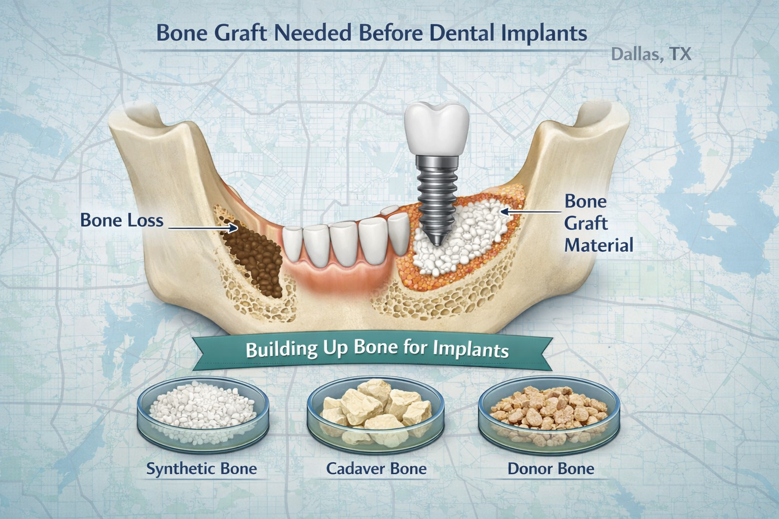 Landscape format (1536x1024) editorial image depicting a cross-section diagram of a human jawbone, clearly illustrating areas of bone loss a