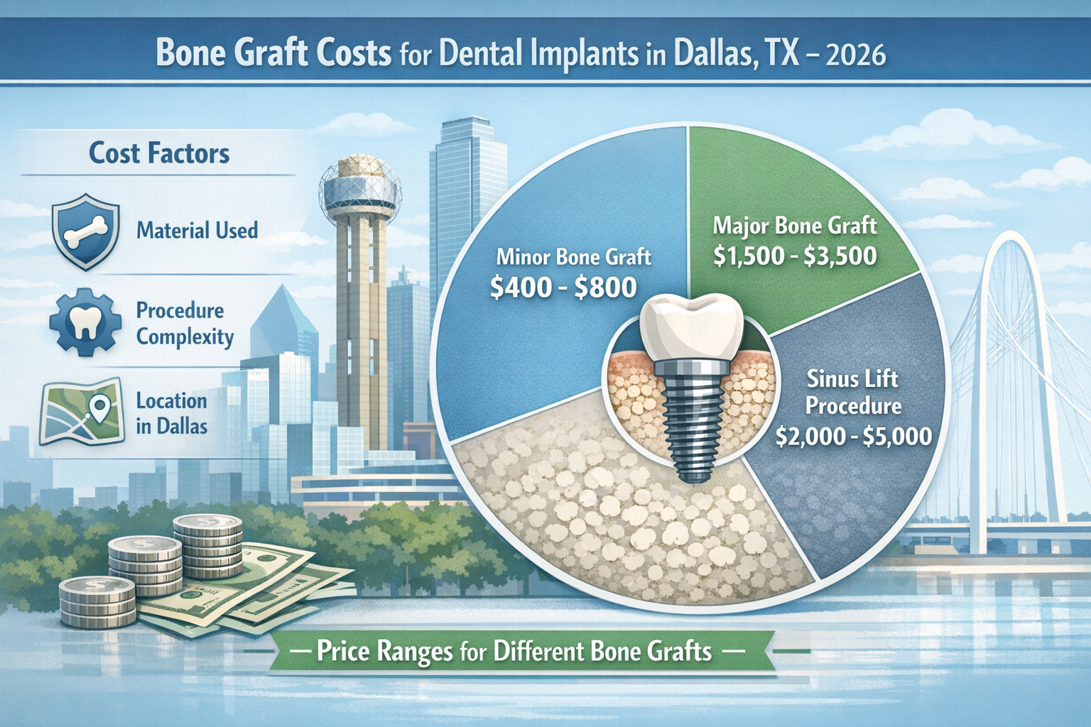 Landscape format (1536x1024) infographic or clean illustration showcasing a breakdown of typical bone graft costs for dental implants in Dal