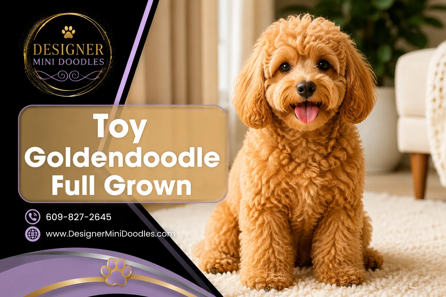 Professional () editorial hero image with 'Toy Goldendoodle Full Grown' in crisp white on a warm semi-transparent panel,