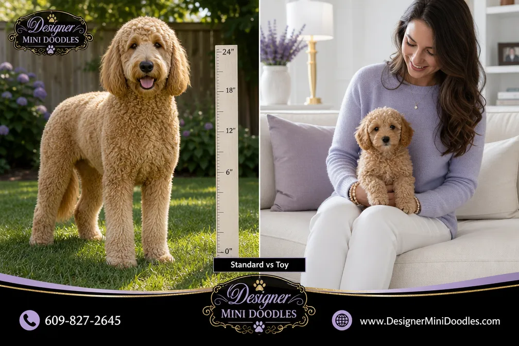 Split-screen editorial landscape photograph (): left side shows a large standard goldendoodle standing tall in a sunny