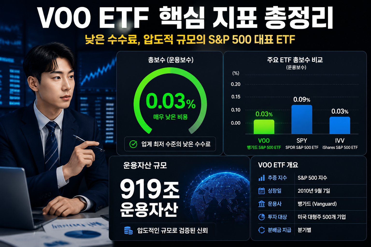 () infographic showing VOO ETF key statistics dashboard: large circular gauge showing 0.03% expense ratio in bright green,