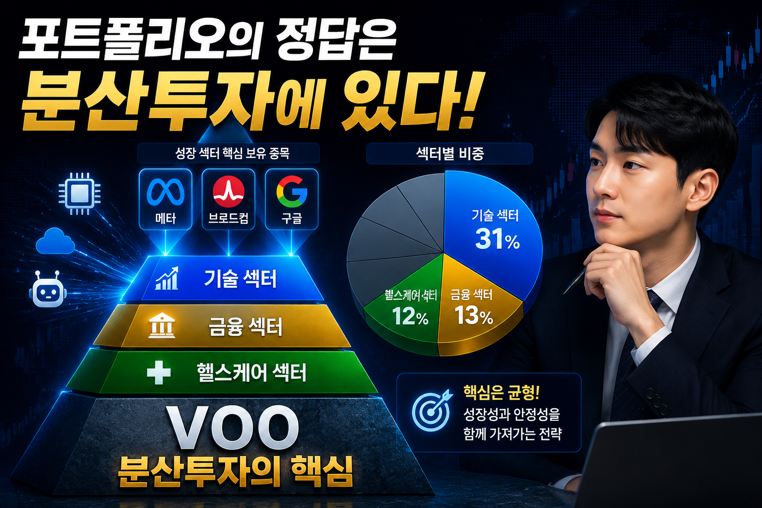 () showing a pyramid-style portfolio allocation diagram with VOO at the foundation base labeled '분산투자의 핵심' in Korean text,