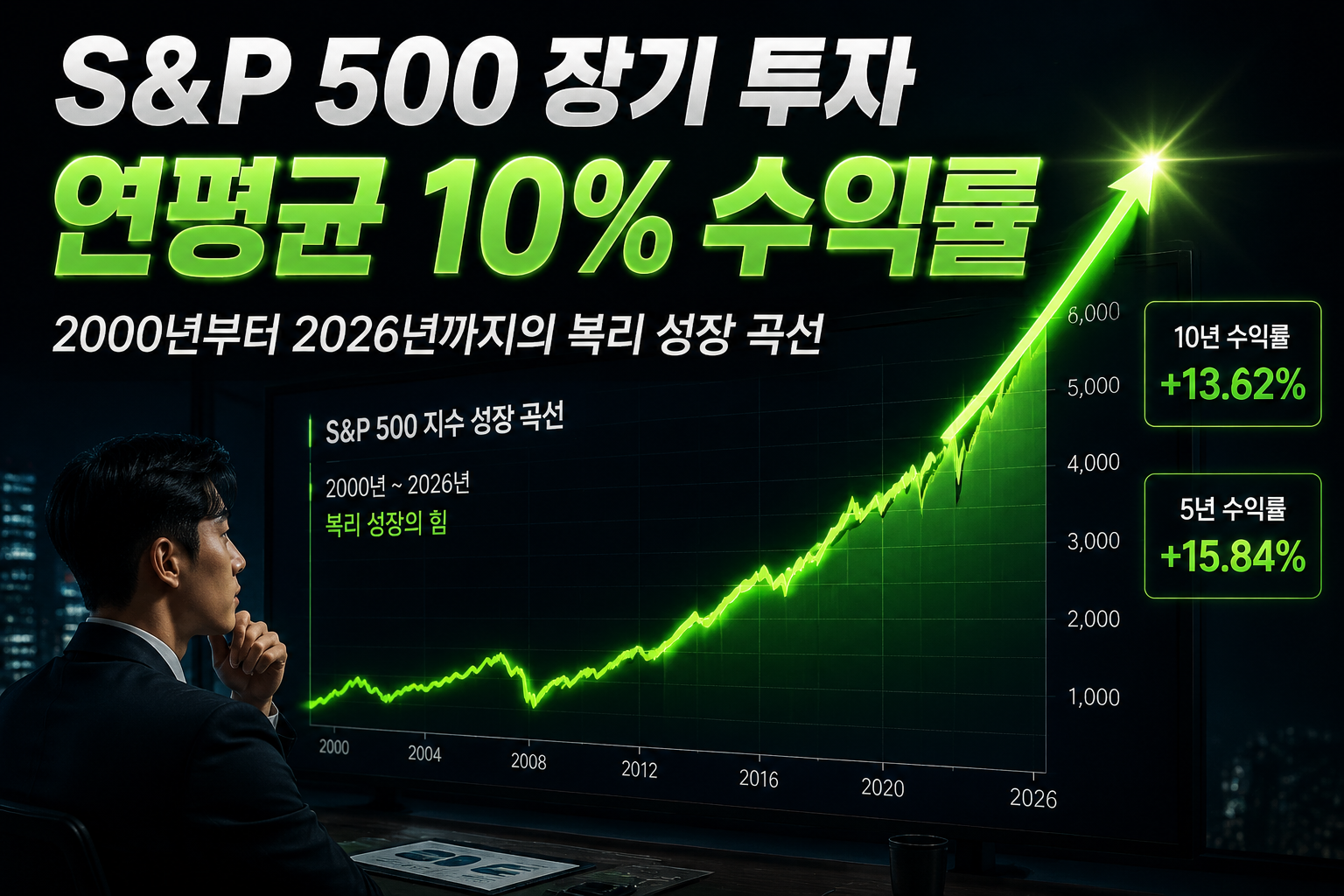 () depicting a long-term compound growth curve graph showing S&P 500 historical returns from 2000 to 2026, upward