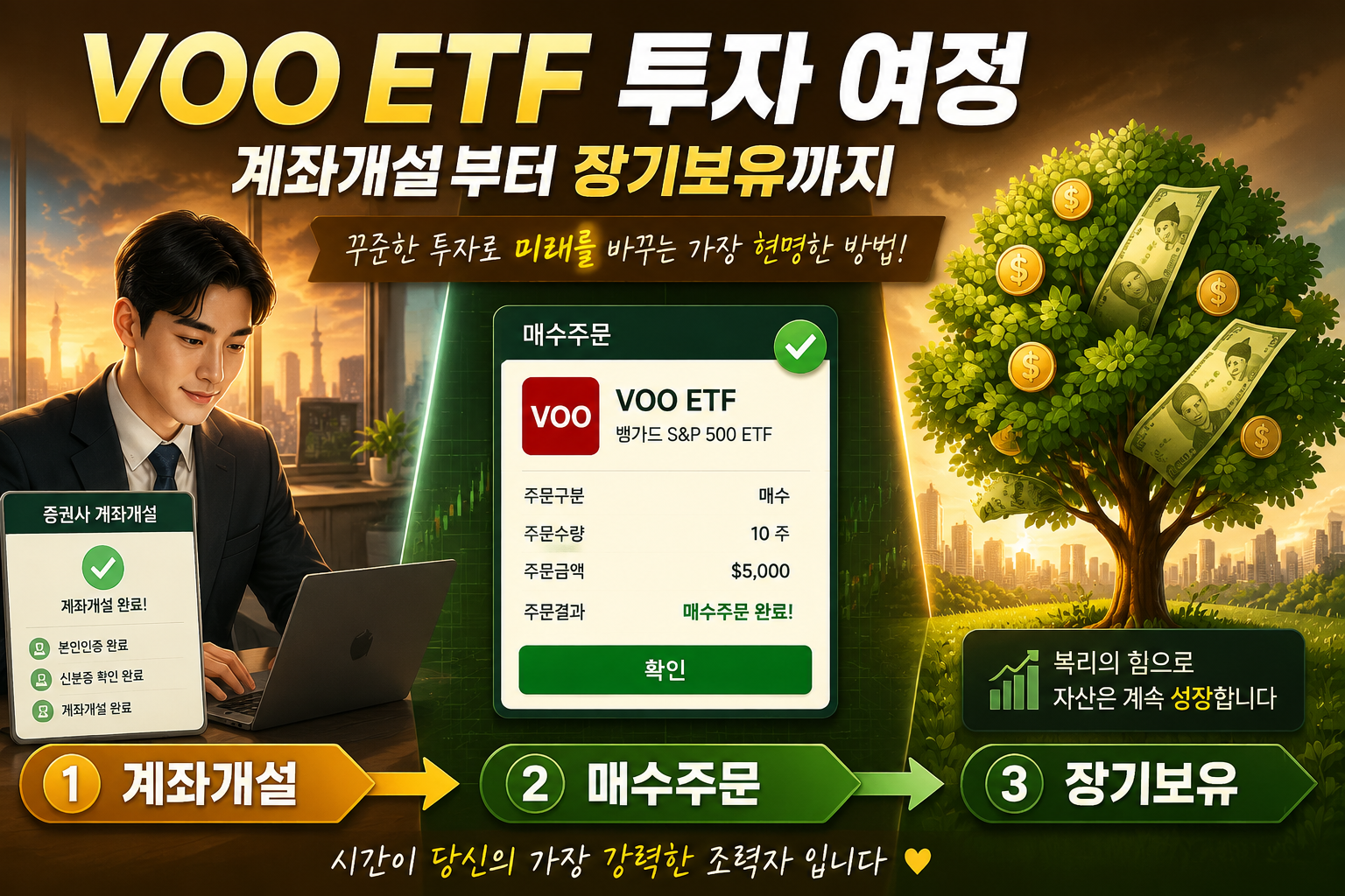 () showing a step-by-step Korean investor journey illustration: left panel shows Korean person at laptop with brokerage