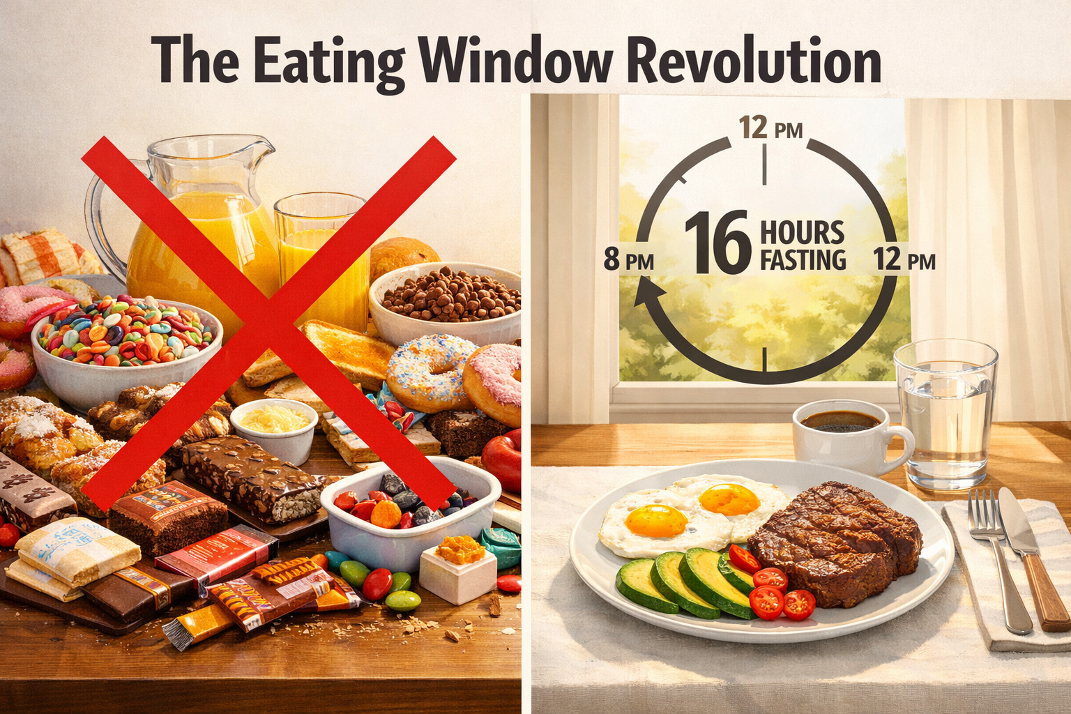 Detailed () editorial illustration showing a split-scene comparison: left side depicts a cluttered breakfast table