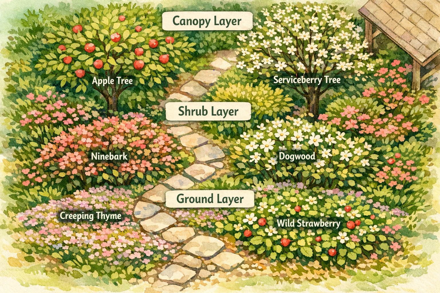 () overhead bird's-eye view of a densely planted Canadian backyard garden layout diagram showing distinct planting zones: a